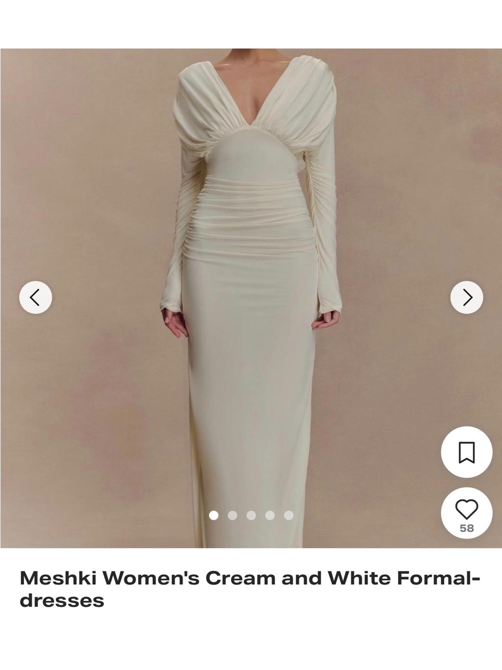 Meshki Cream Long-Sleeve Ruched V-Neck Evening Gown